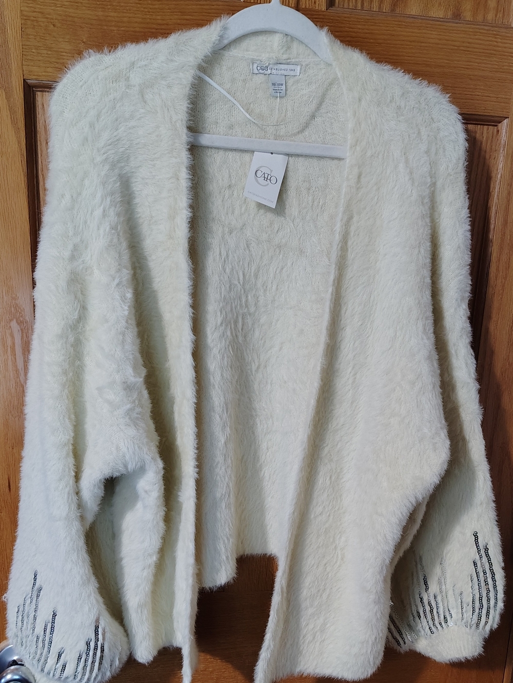 Cato Cream Fuzzy Open-Front Cardigan with Beaded Cuff Detail